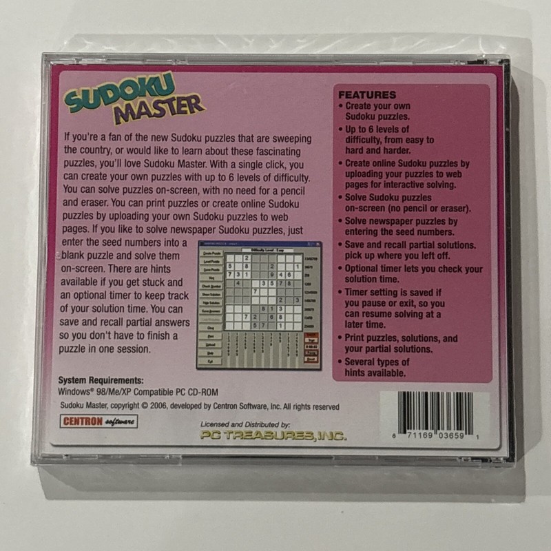 Centron SUDOKU Master 600 Unique Puzzles PC CD-ROM for Windows 98/Me/XP - NEW gallery