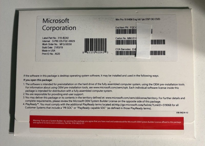 Microsoft Windows 10 Pro 64-Bit English 1pk DSP OEI DVD FQC-08929 X18-45392