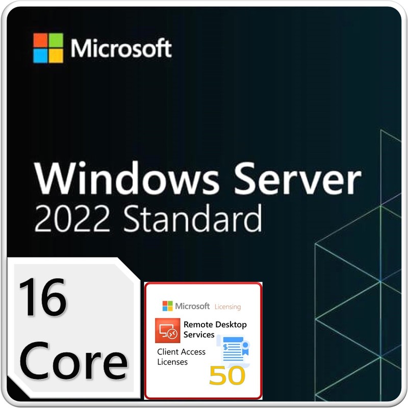 Windows Server 2022 Standard Edition with 50 RDS CALs, 16 Core License, DVD