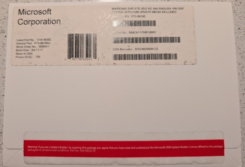 UNOPENED WINDOWS SVR STD 2012 R2 X64 ENGLISH 1PK DSP OFI DVD 2CPU/2VM