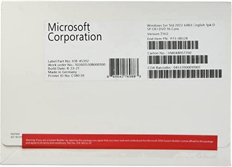 Microsoft Windows Server 2022 Standard 64-bit License 16 Core OEM P73-08328 NEW