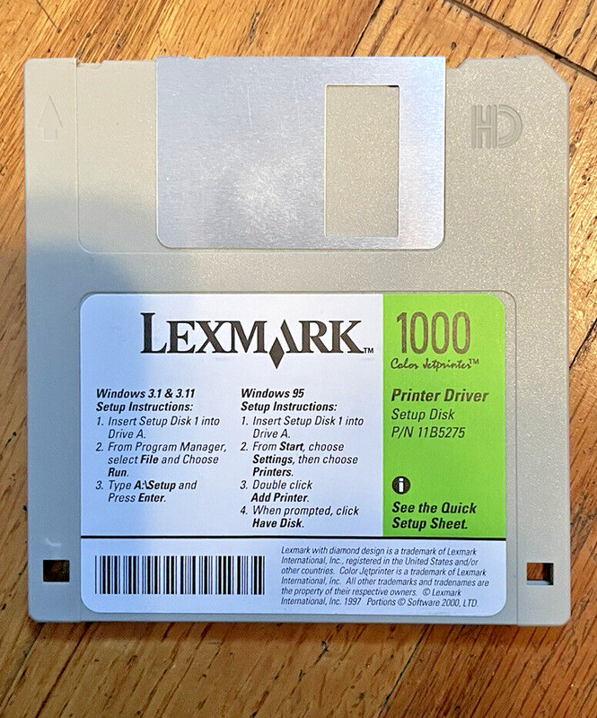 Lexmark 3.5 Diskette Printer Driver 1000 Color Jet for Windows 3.1 & 3.11 & 95