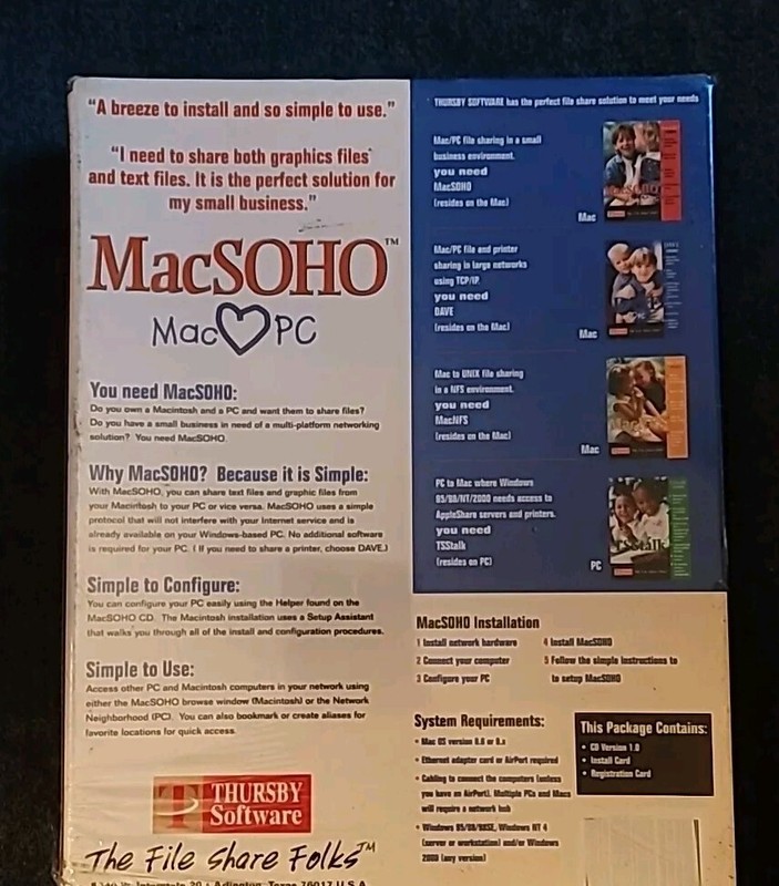 Apple Macintosh MacSOHO Software - V 1.0 - MAC PC File Sharing (Mac OS 8.6 9.X) gallery