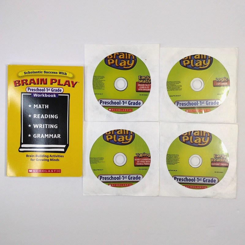 Scholastic Brain Play PreK-1st CD-ROM & Workbook Reading Math Logic Typing 2005