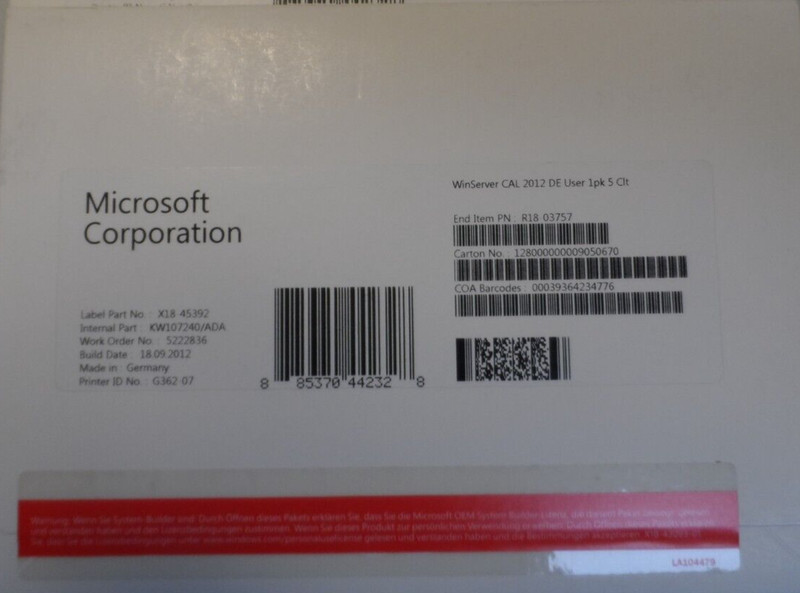 Genuine Windows Server 2012 5 User CALs German OEM License X18 45392