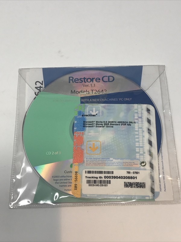 eMachines Restore CD T1980 Version 1.1 2 Disc Set Recovery Software B1