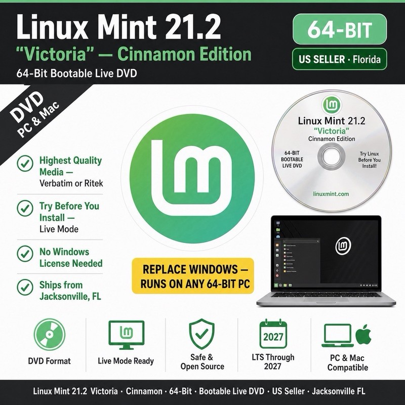 Linux Mint 21.2 Cinnamon “Victoria” 64 bit BOOTABLE LIVE INSTALL DVD