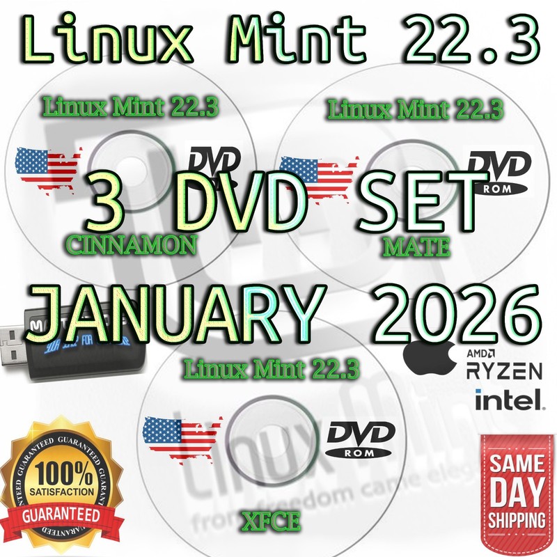 Linux Mint 22.3 “Zena” – 3‑DVD Installer Set – Cinnamon/MATE/XFCE – Bootable DVD