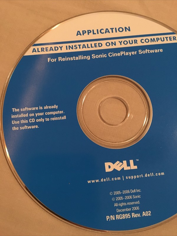 DELL Software disk CD for reinstalling Sonic CinePlayer Part P/N RG895 Rev. A02