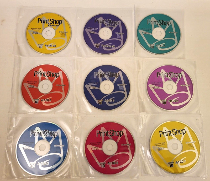 Broderbund Print Shop / Deluxe 9 Disc CD Set for Windows 95 98 NT w/1-7 Art CD's