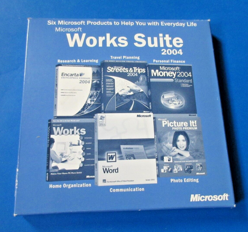 Microsoft Works Suite 2004 CD Software Set Money Encarta Word Picture – W/Key