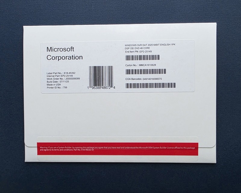 Windows Server 2025 Datacenter 48 Core DVD+Key (NEW)