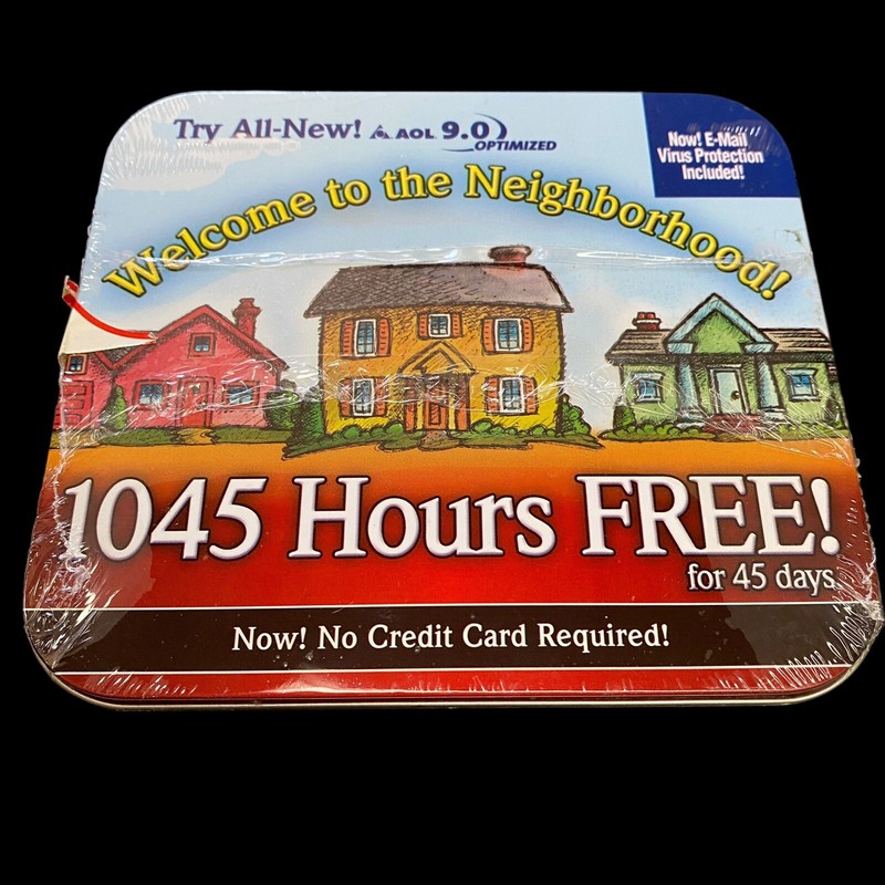 AOL 9.0 Welcome to the Neighborhood 1045 Hours CD Computer Software Sealed Tin