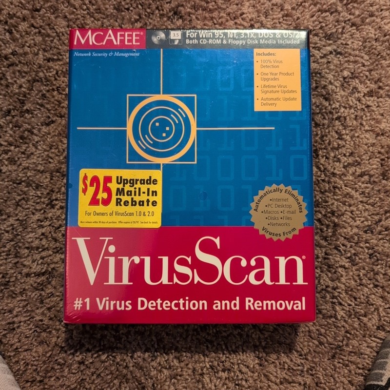 Sealed 1997 Vintage McAfee VirusScan for Win 95 NT 3.1 DOS CD + 3.5″ Disk V 3.5