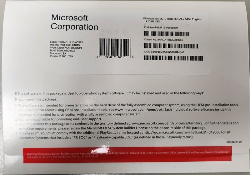 New – Windows Server 2019 Remote Desktop RDS Licenses 25 device CAL
