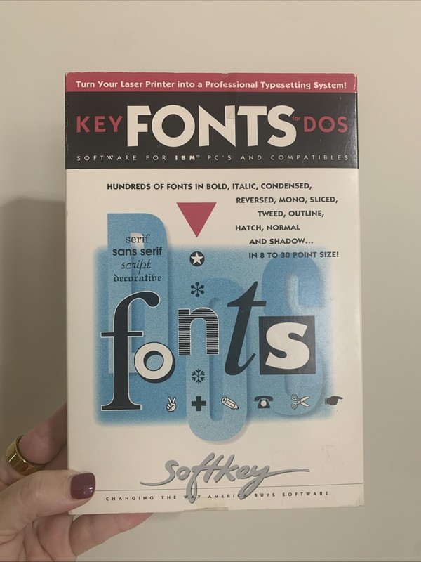 Vintage 1991 Softkey Key Fonts for DOS on 3-1/2" and 5-1/4" disks. IN BOX