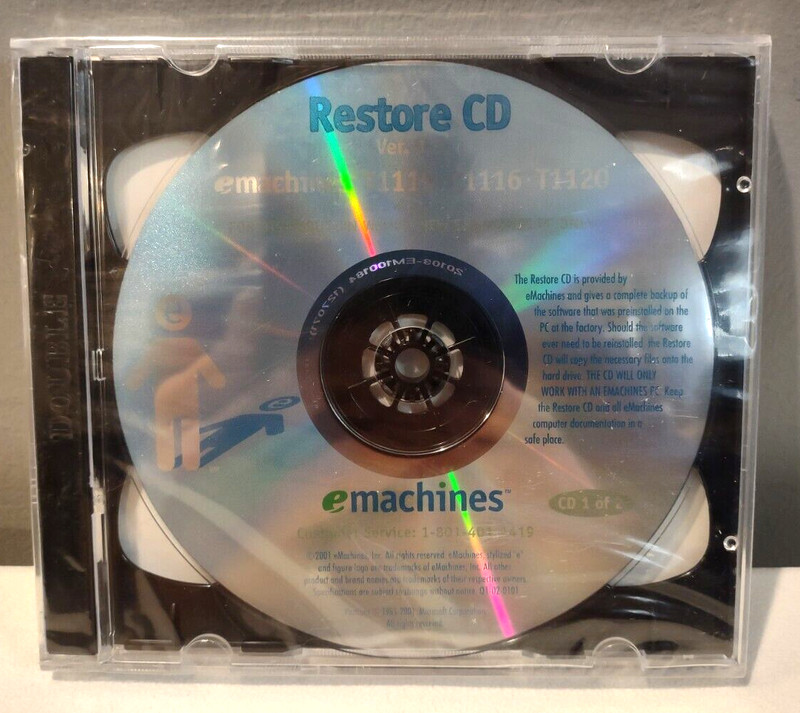 2001 eMachines Desktop PC Restore CD V1.1 NEW SEALED T1115 T1116 T1120 Microsoft