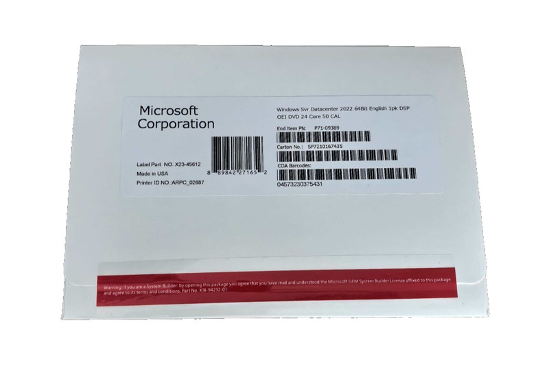 Win Server Datacenter 2022 64-Bit DVD 24 Core 50 DAL Brand New + Free Shipping