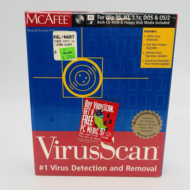 McAfee VirusScan for Win 95 / NT CD & 3.5″ Disks Vers. 3.1x ~ New SEALED Vintage