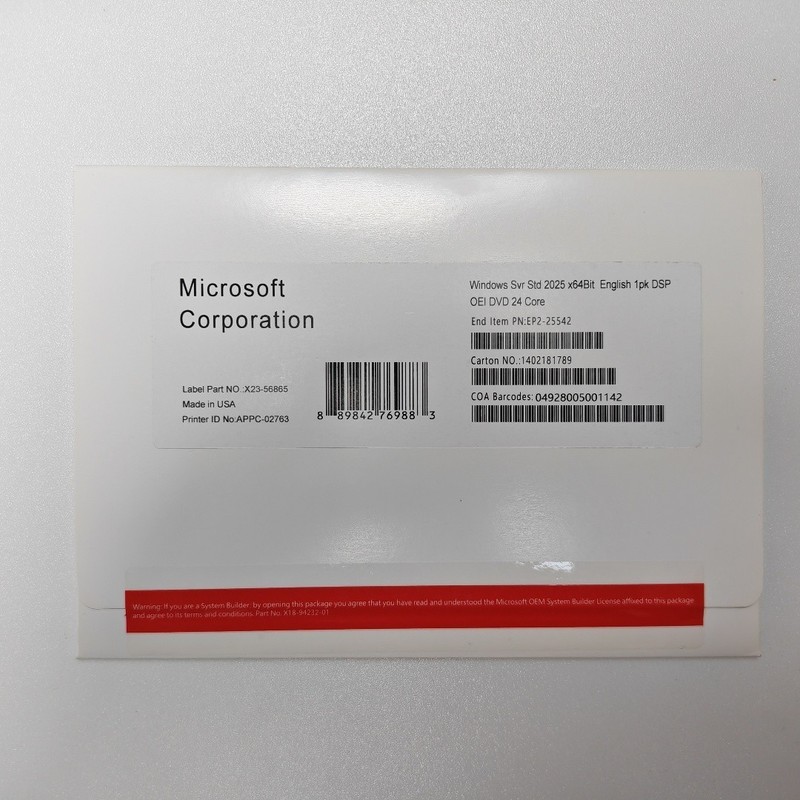 Microsoft Windows Server 2025 Standard 24 Core 64-Bit DVD Edition New Sealed