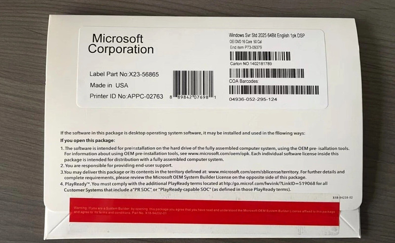 Microsoft Windows Server 2025 Standard 64Bit 16 Core (50 CALs) DVD +Key Sealed