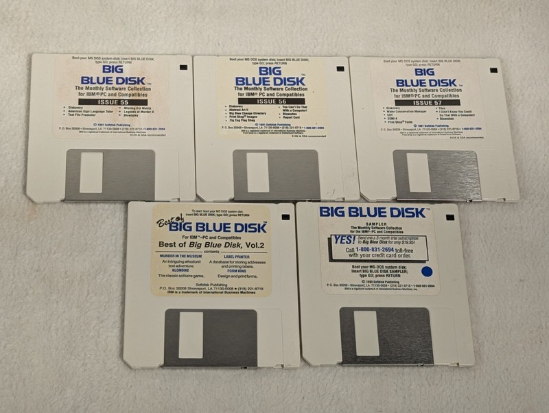 Lot of 5 Big Blue Disk IBM PC Monthly 3.5″ Floppy Disks #55 #56 #57 Sampler Best