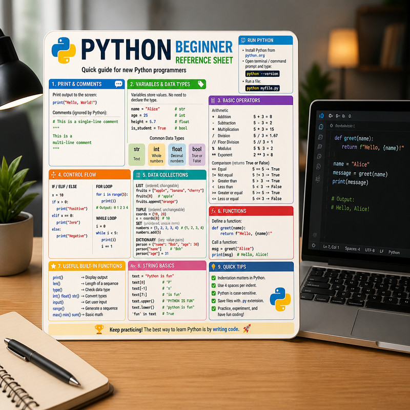Laminated Python Quick Reference Guide – Durable 1‑Page Cheat Sheet for Beginner gallery