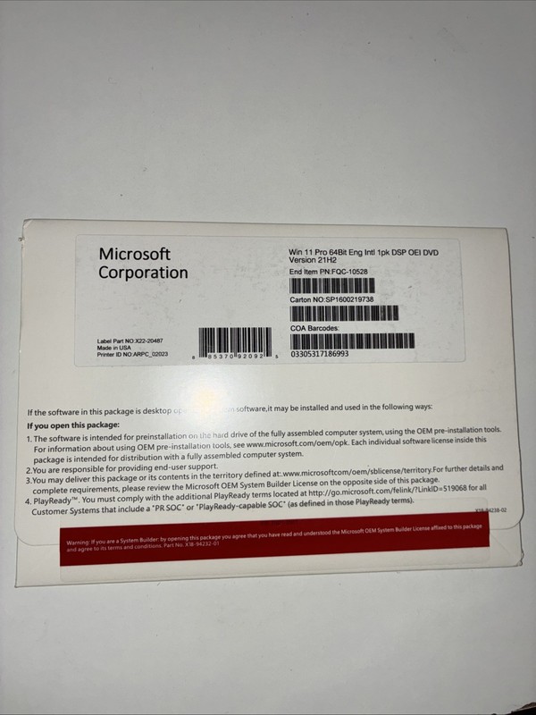Windows 11 Pro 64 bit DVD with Product Key Factory Sealed & Free Shipping