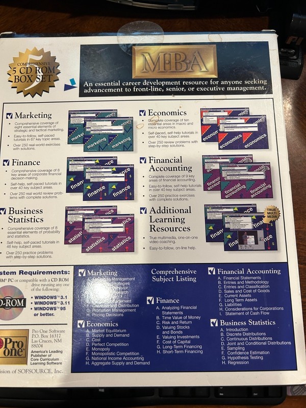 Pro One MBA 5 CD ROM Disks Marketing, Finance, Statistics Econ Accting Sealed gallery