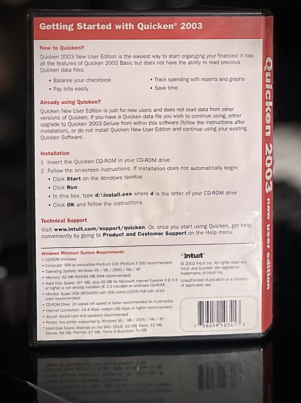 Intuit Quicken 2003 New User Edition Software CD-ROM WINDOWS 95 98 XP in Case gallery