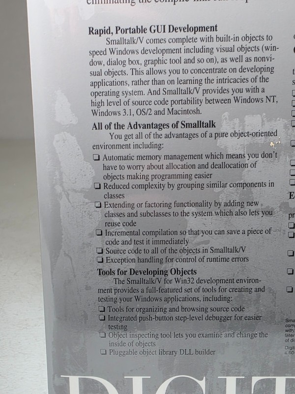 Digitalk Smalltalk/V 2.0 Win32 Sealed Vintage Software Windows NT Windows 3.1 gallery