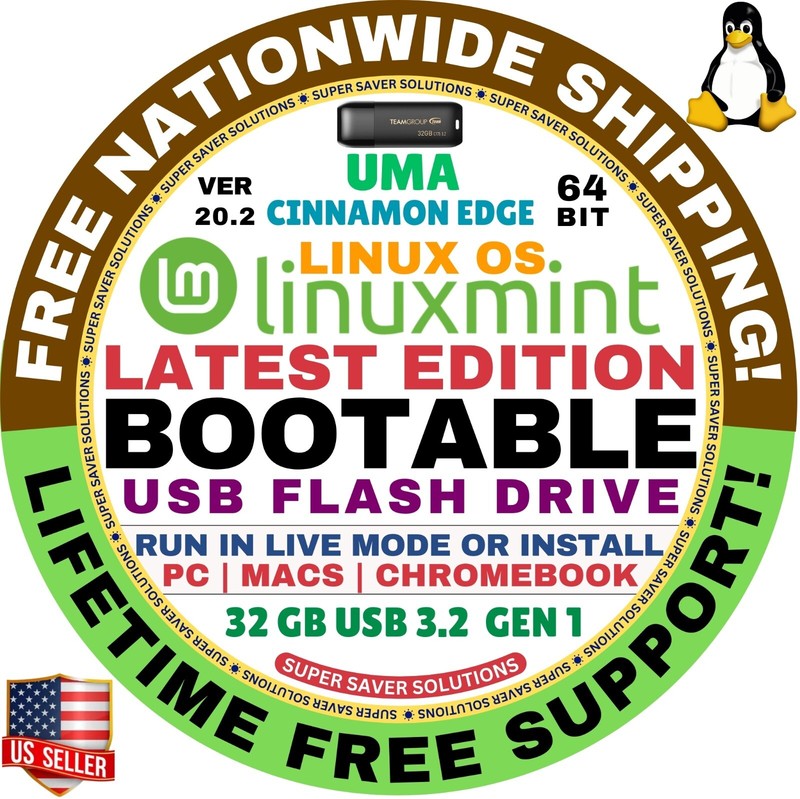 Linux MINT 20.2 USB UMA Cinnamon Edge 64-Bit Live Boot, Full Install MAC, PC