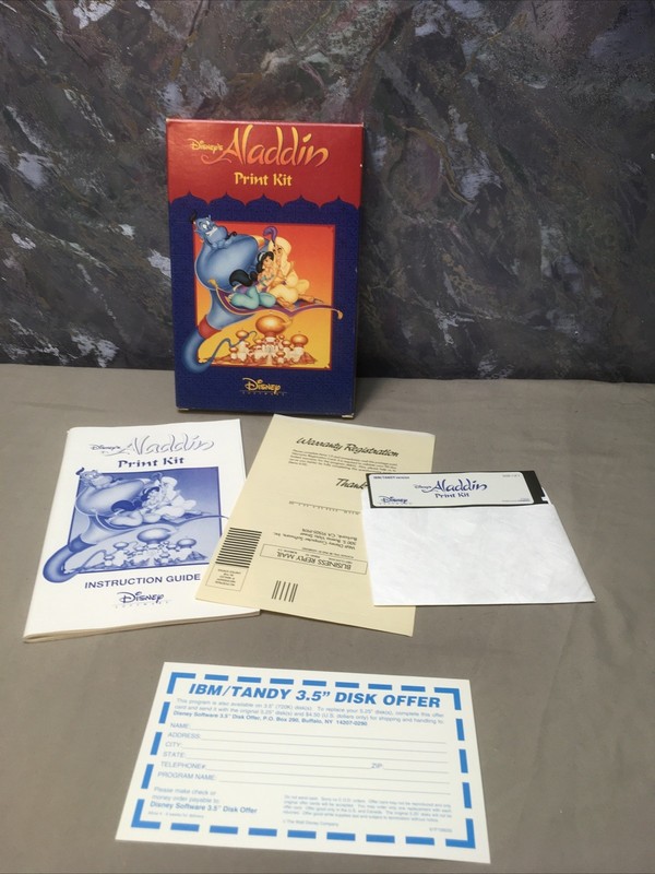 Vintage 1993 Disney’s * Aladdin Complete Print Kit Diskette IBM Tandy Software