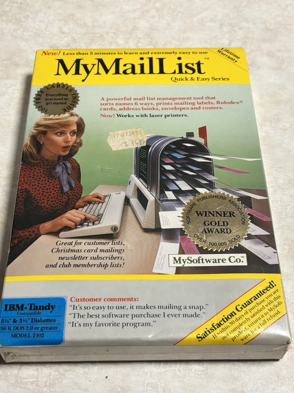 My Mail List Software IBM Tandy 256k DOS Or Greater Model 2102 5.25x3.5 Diskette