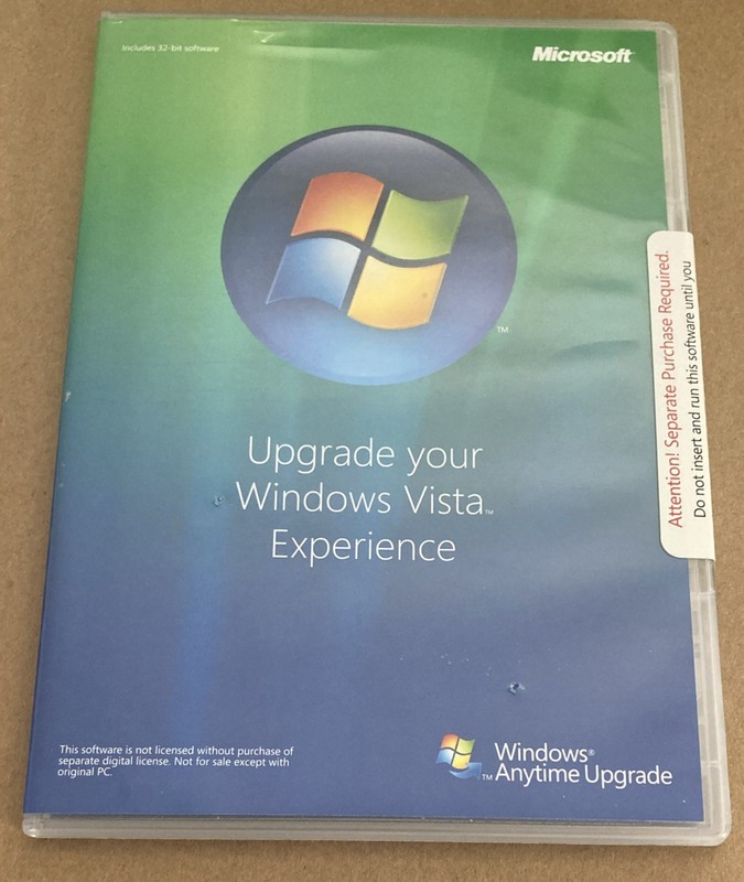 MICROSOFT WINDOWS VISTA EXPERIENCE ANYTIME UPGRADE DISC 32 BIT SOFTWARE NEW
