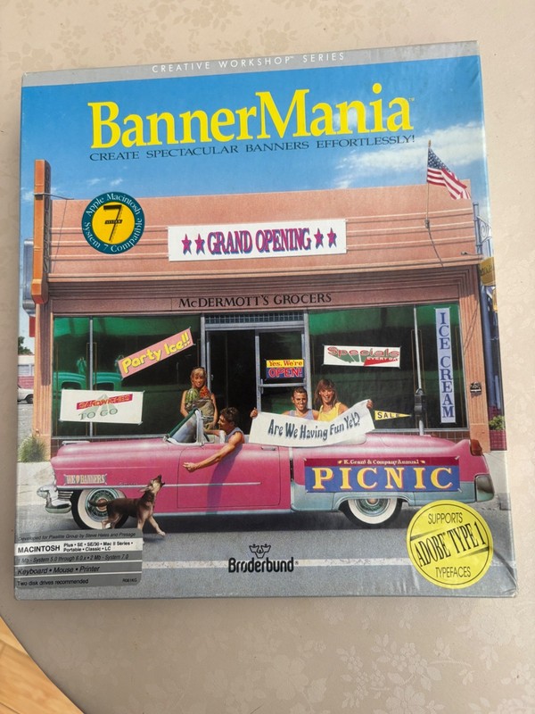 1990 BRODERBUND BANNER MANIA APPLE MACINTOSH SYSTEM 7 SOFTWARE ADOBE TYPE 1