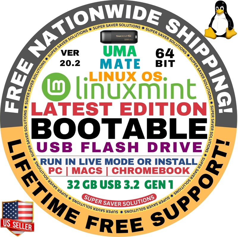 Linux MINT 20.2 USB UMA Mate 64-Bit Live Boot, Full Install MAC, PC