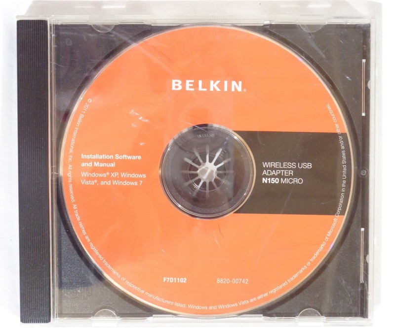 Belkin Wireless USB Adapter N150 Micro Driver & Software CD Windows 7 XP Vista