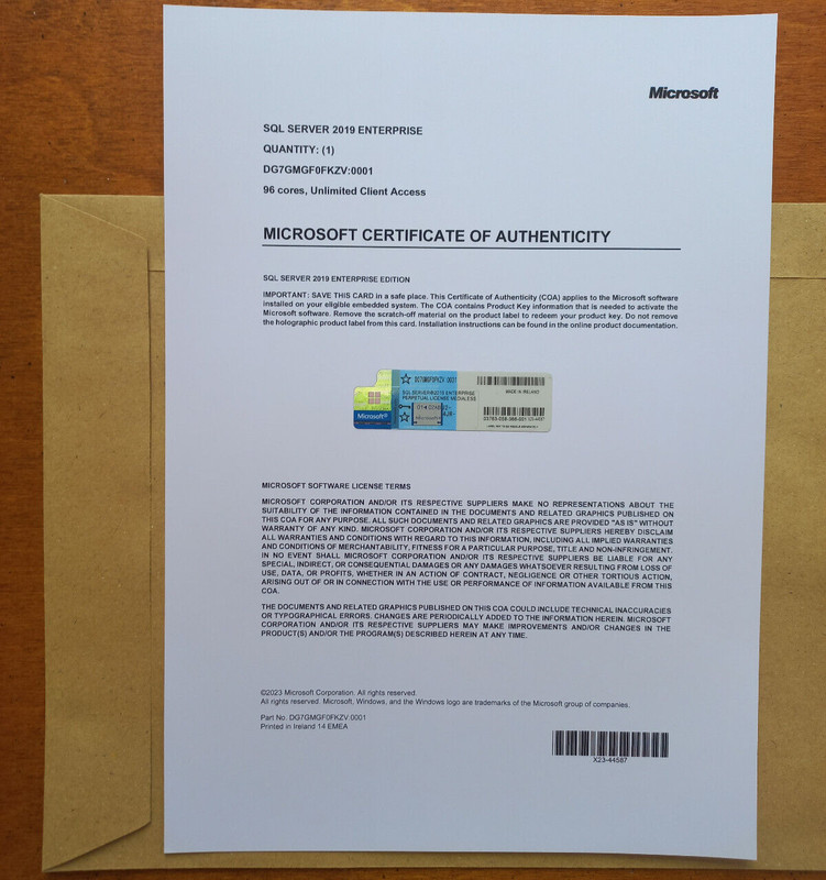 Microsoft SQL Server 2019 Enterprise 96 Core Authentic unlmitd CALs DG7GMGF0FKZV