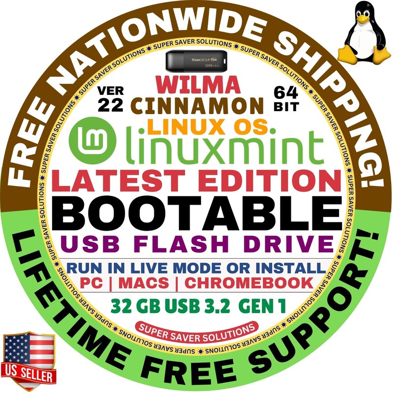 Linux MINT 22 USB WILMA Cinnamon 64-Bit Live Boot, Full Install for MAC, PC