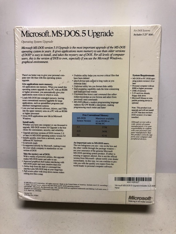 Microsoft MS-DOS 5 Upgrade PC 5.25" Floppy Factory Sealed Software gallery