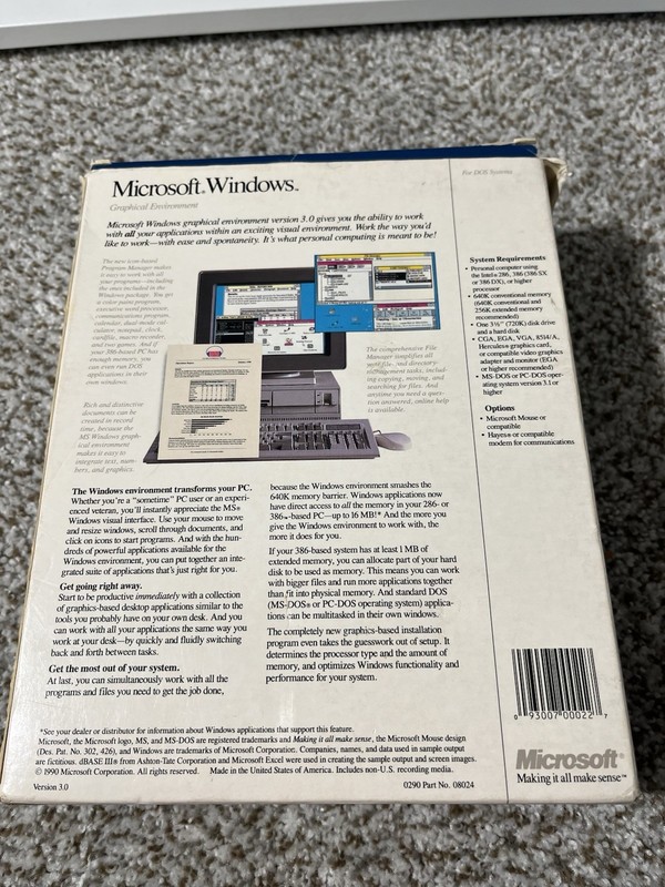 Microsoft Windows 3.0 1990 Open Box Sealed Disks Original Big Box 3.5” disks gallery