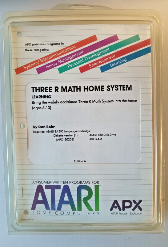 Three R Math Home System;Learning Atari 400/800/LX/XE W/Disk Drive APX-20101 NOS