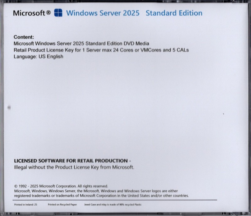 Windows Server 2025 Standard with 5 CALs, 24 Cores. Retail License, English. gallery
