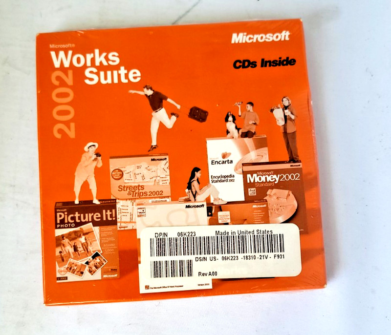 Microsoft Works Suite 2002 CD + Product Key Word, Encarta, Money (NOS New Seal)