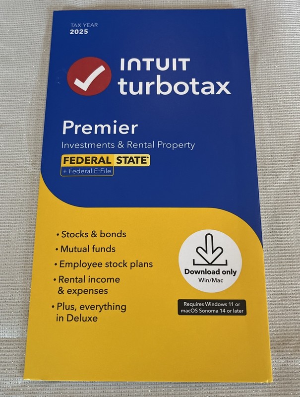 2025 TurboTax Premier Tax Software Fed State Windows/MAC Physical Key Card