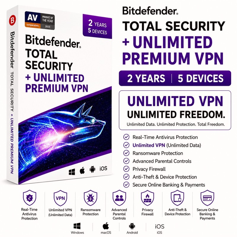 Bitdefender Total Security + Premium VPN 2 Year 5 Devices (USA/CANADA)