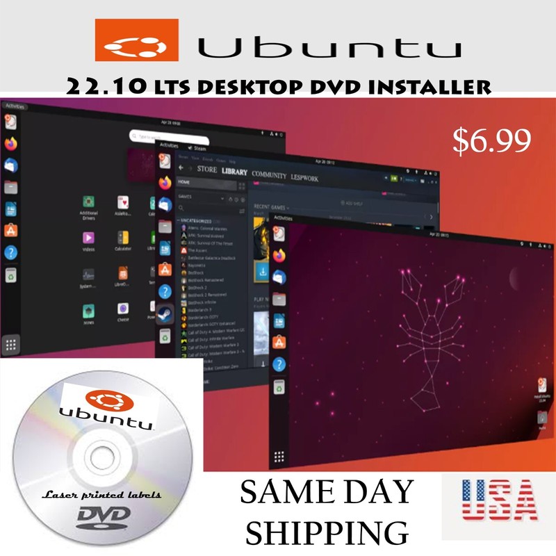 Ubuntu 22.10 LTS Installer DVD Fast Shipping low price laser printed label USA