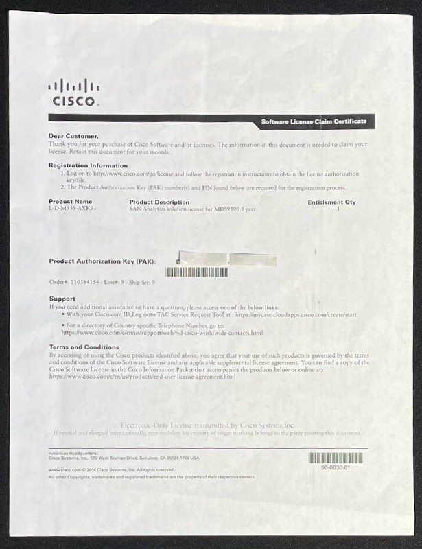 Cisco Software License Claim Certificate for MDS9300 / 3 Year / L5-D-M93S-AXK9= gallery