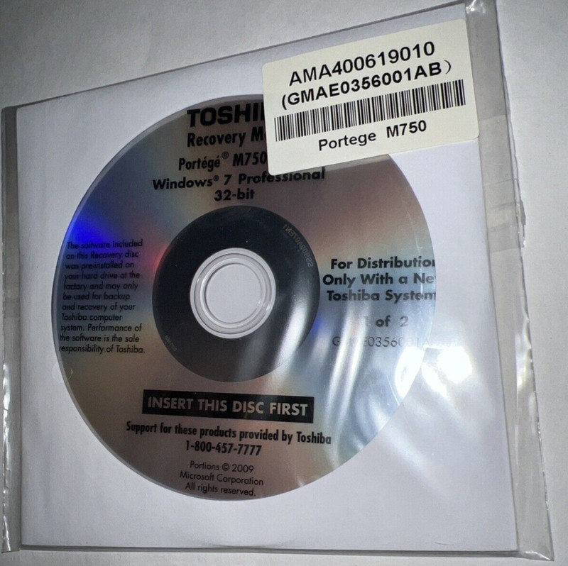 Recovery Disks Toshiba Portege M750 Series 2 Discs Windows 7